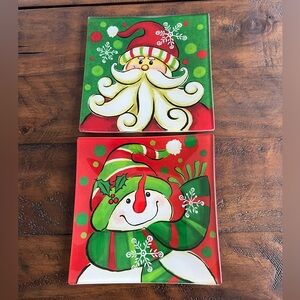 🌟 SALE $15 🌟 Hand Painted Glass Art Whimsical Santa & Snowman Deco Square Plates